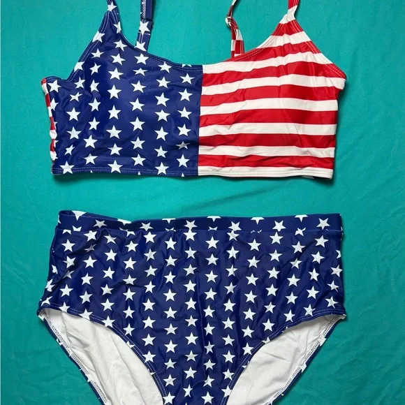 Zando High Waisted Bikini Set Size XL USA Flag Patriotic Two Piece NWOT - Picture 2 of 9